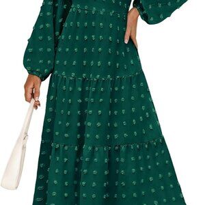 Women's Fall Spring Elegant Long Sleeve Maxi Dress Swiss Dot A Line Flowy Casual